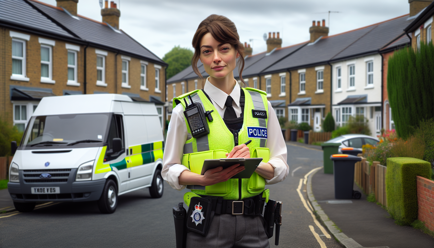 Enforcement agent on a residential street in England with clipboard and van