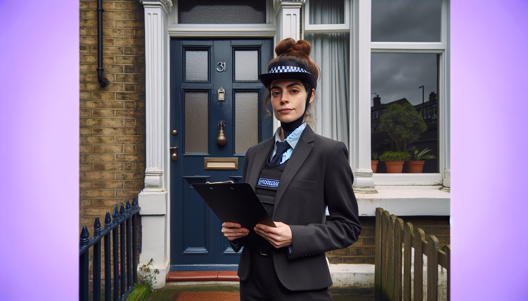 Enforcement agent standing at the front door of an English terraced house with clipboard