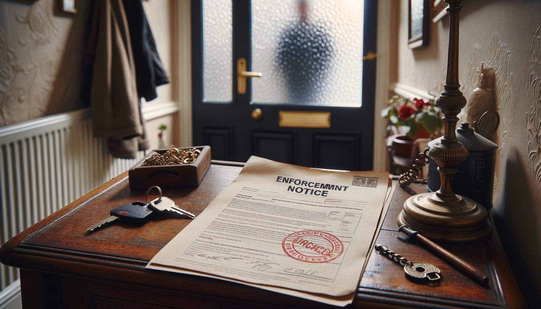 Bailiff myths debunked enforcement notice on hallway table with house keys