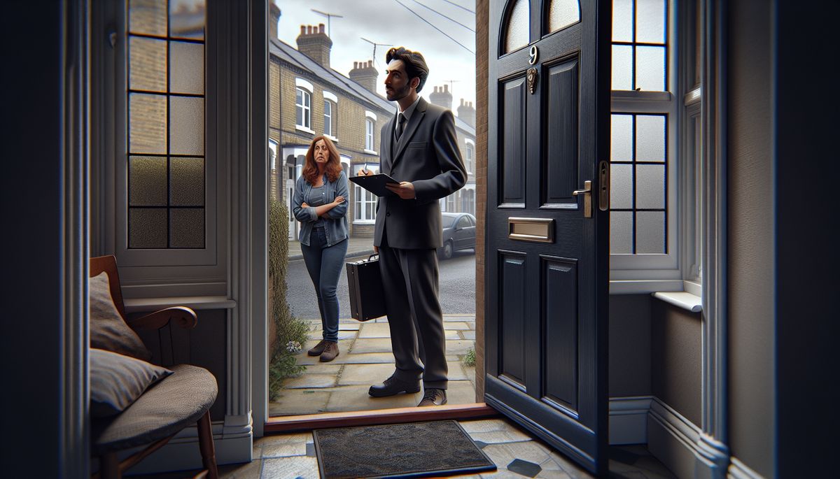 Bailiff standing at the front door of a British terraced house with homeowner looking through the window