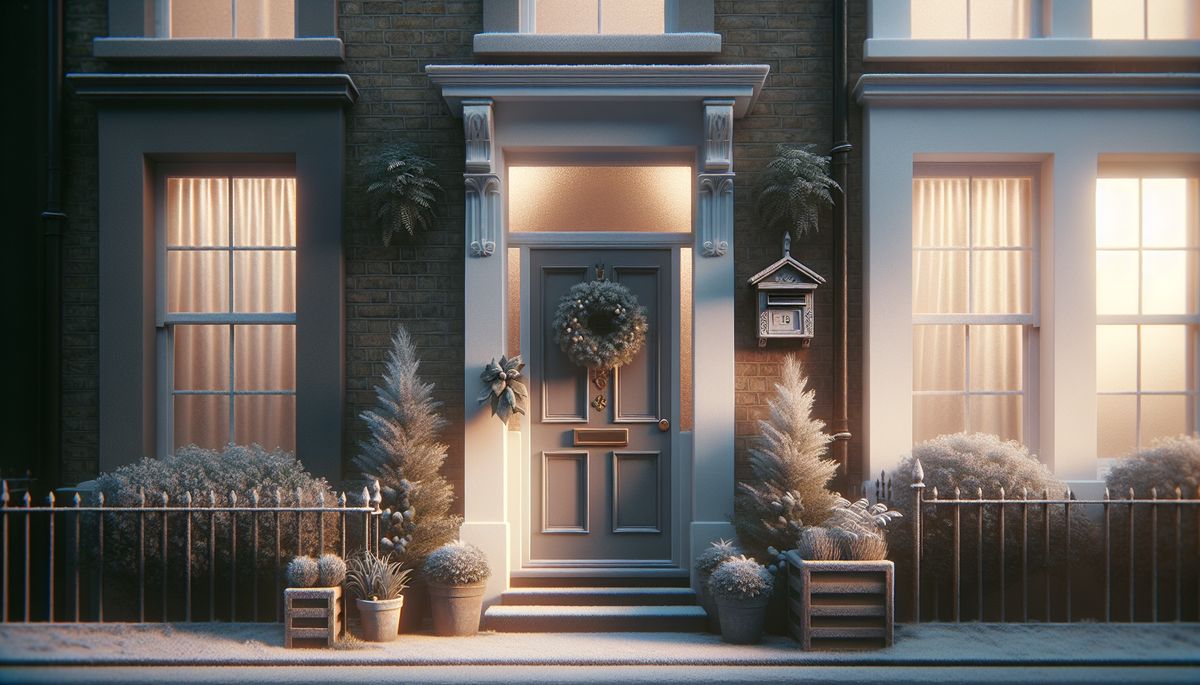 Bailiffs at Christmas - frost covered front door of a UK terraced house with Christmas wreath