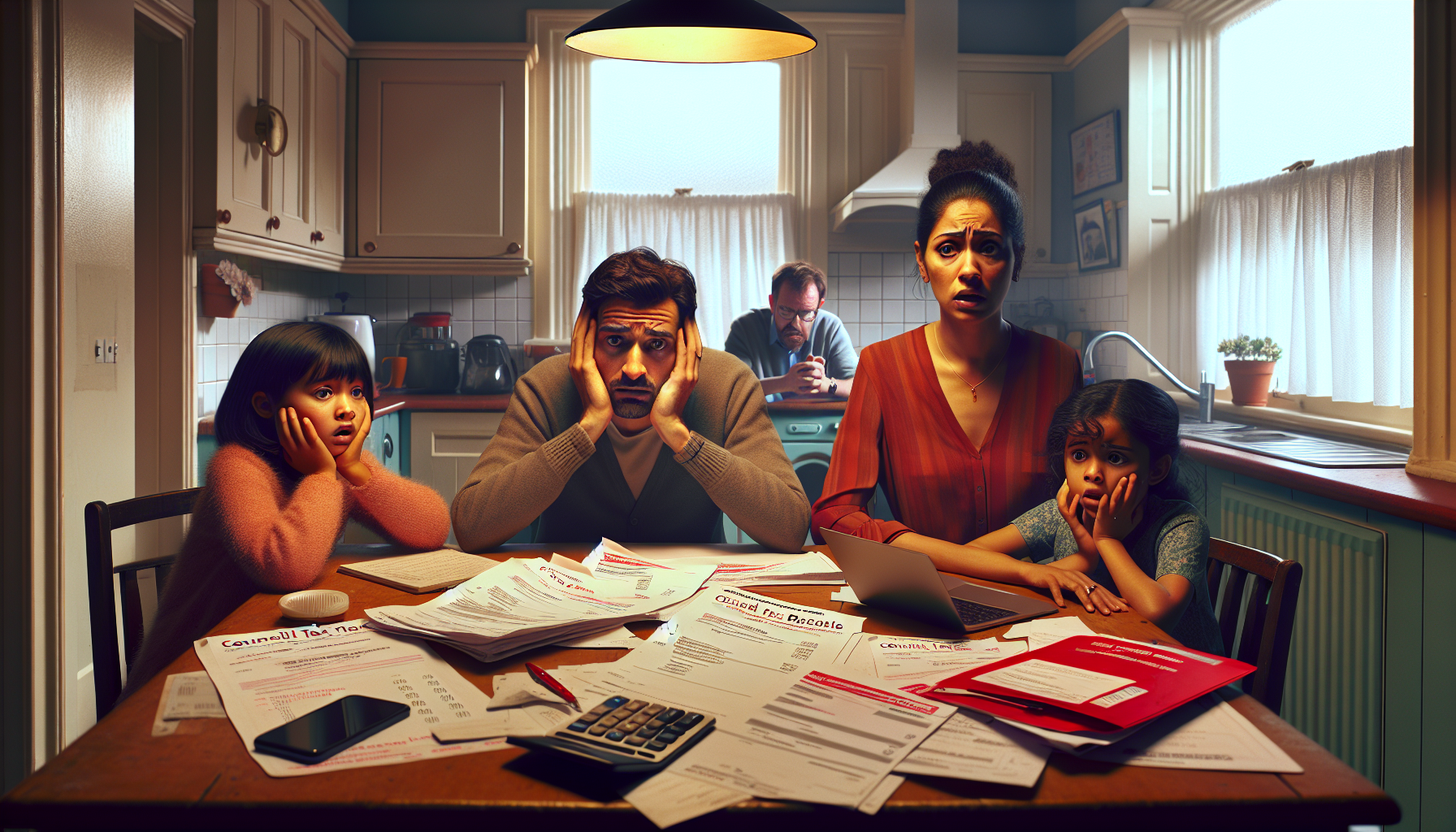 Family reviewing council tax bills at kitchen table
