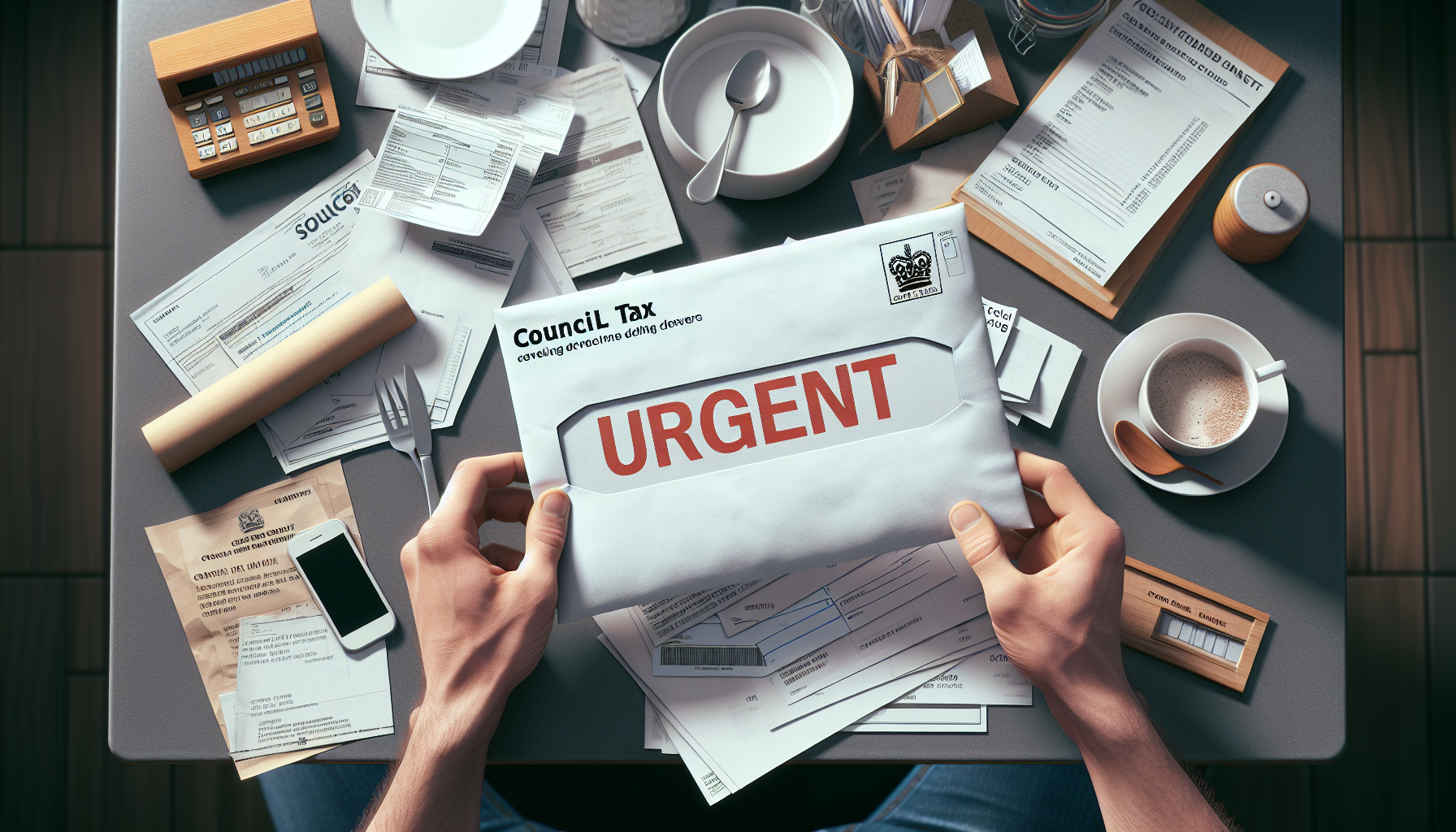 Council tax bills and final demand letters on a kitchen table