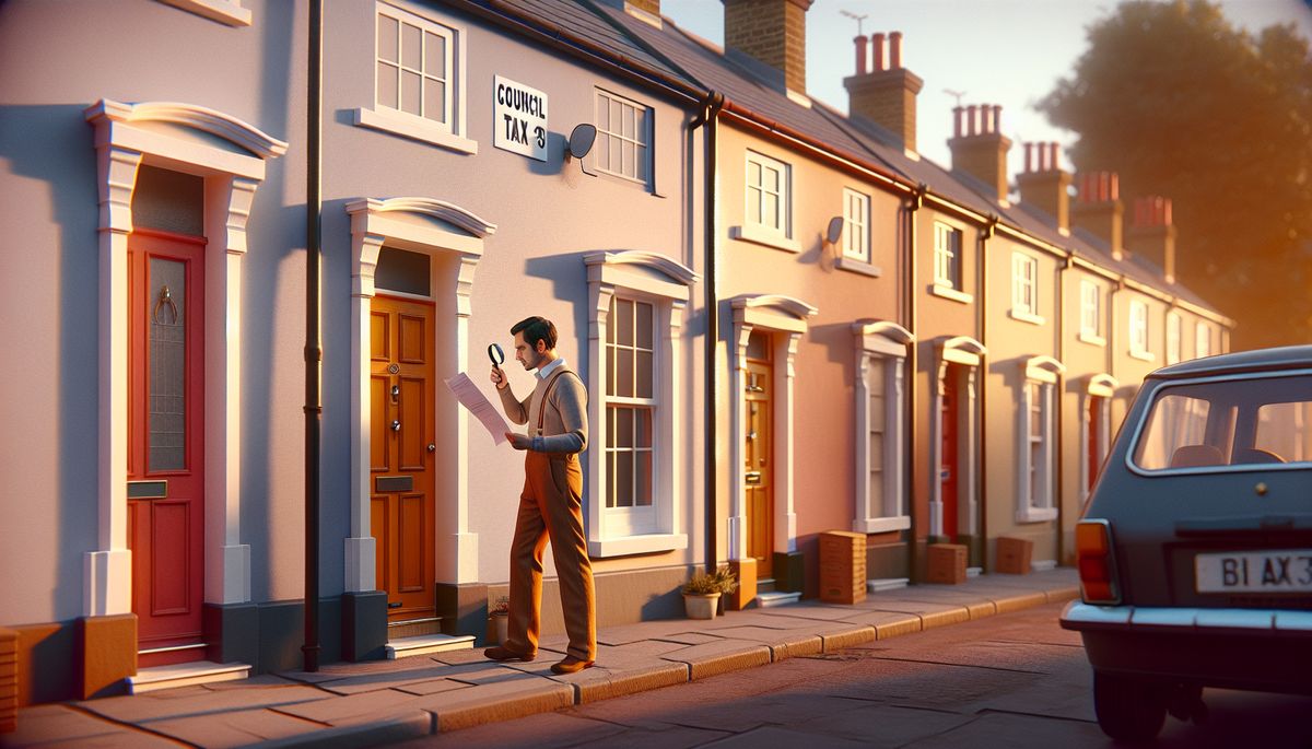 British homeowner checking council tax band valuation letter outside terraced houses