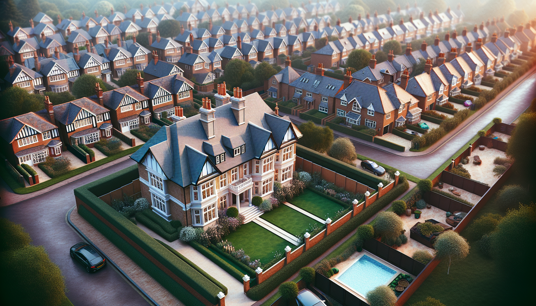 Row of expensive detached houses next to modest terraced homes showing property value contrast in England