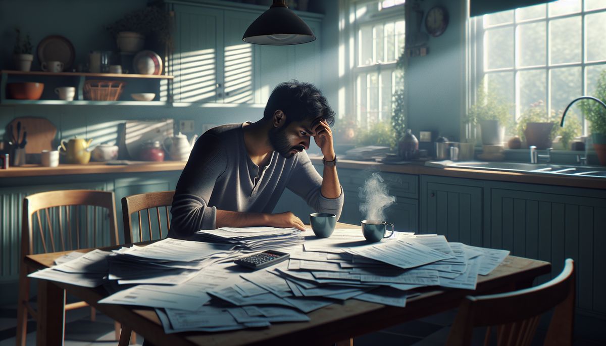 Person sitting at a kitchen table looking stressed over council tax bills