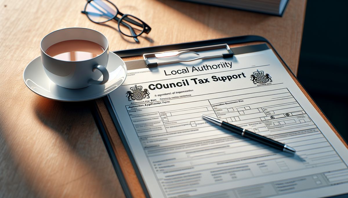 Council tax support application form on clipboard with tea and reading glasses