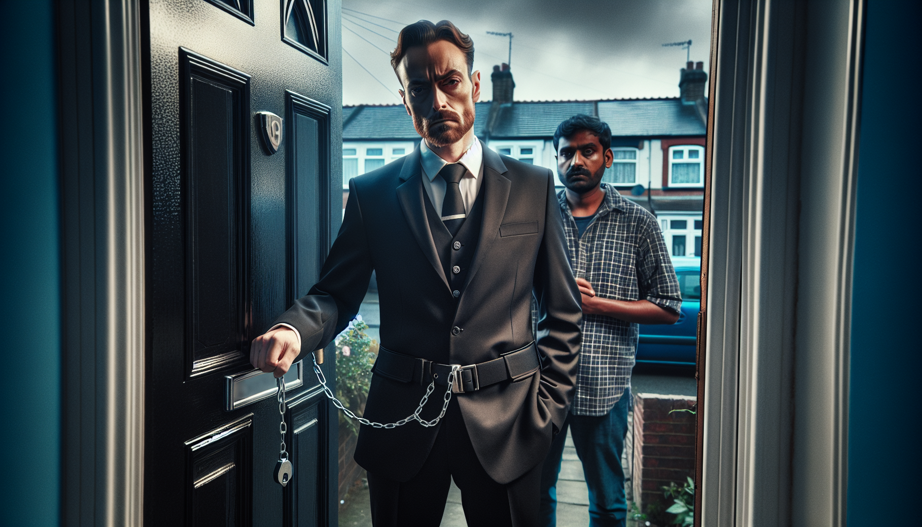Enforcement agent at front door of British house
