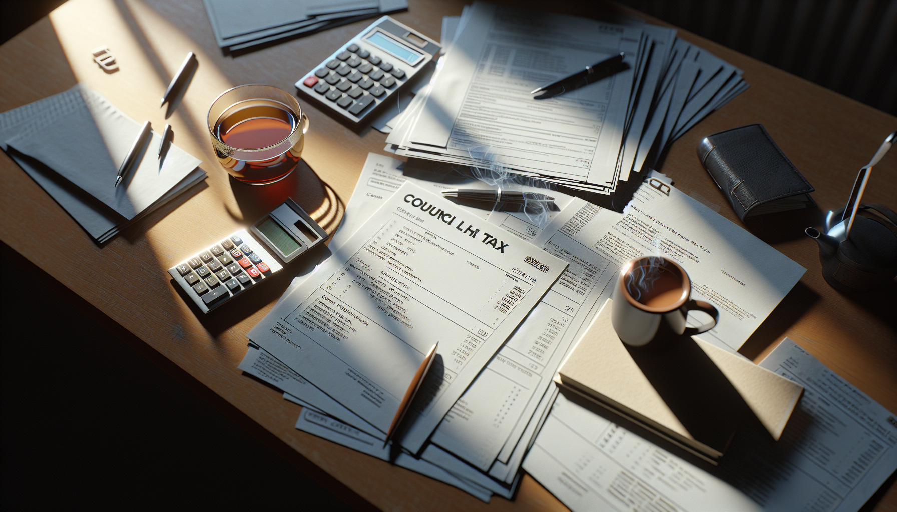 Desk with council tax bills calculator and pen for managing arrears