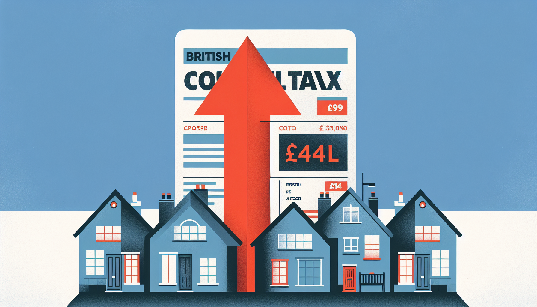 Council tax bill with rising costs arrow against UK houses