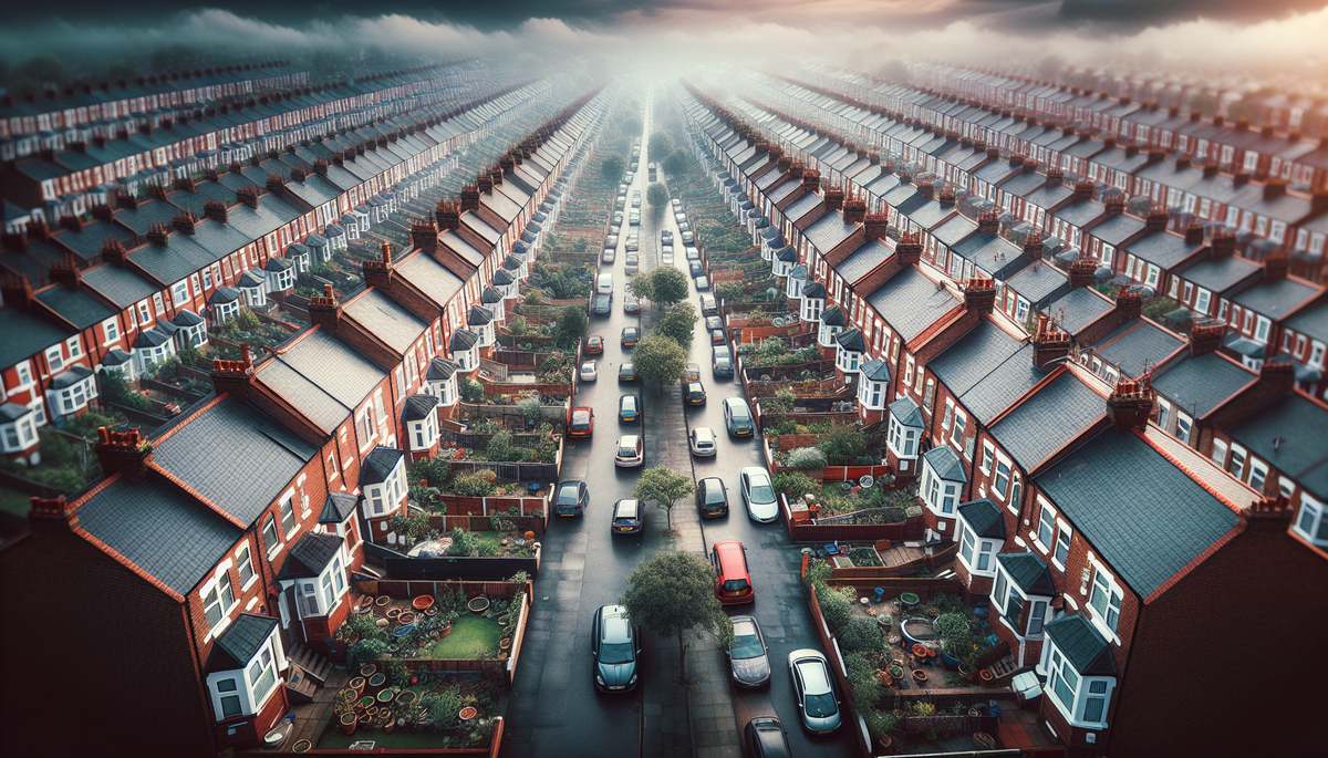 Aerial view of a UK residential street with rows of terraced houses and parked cars