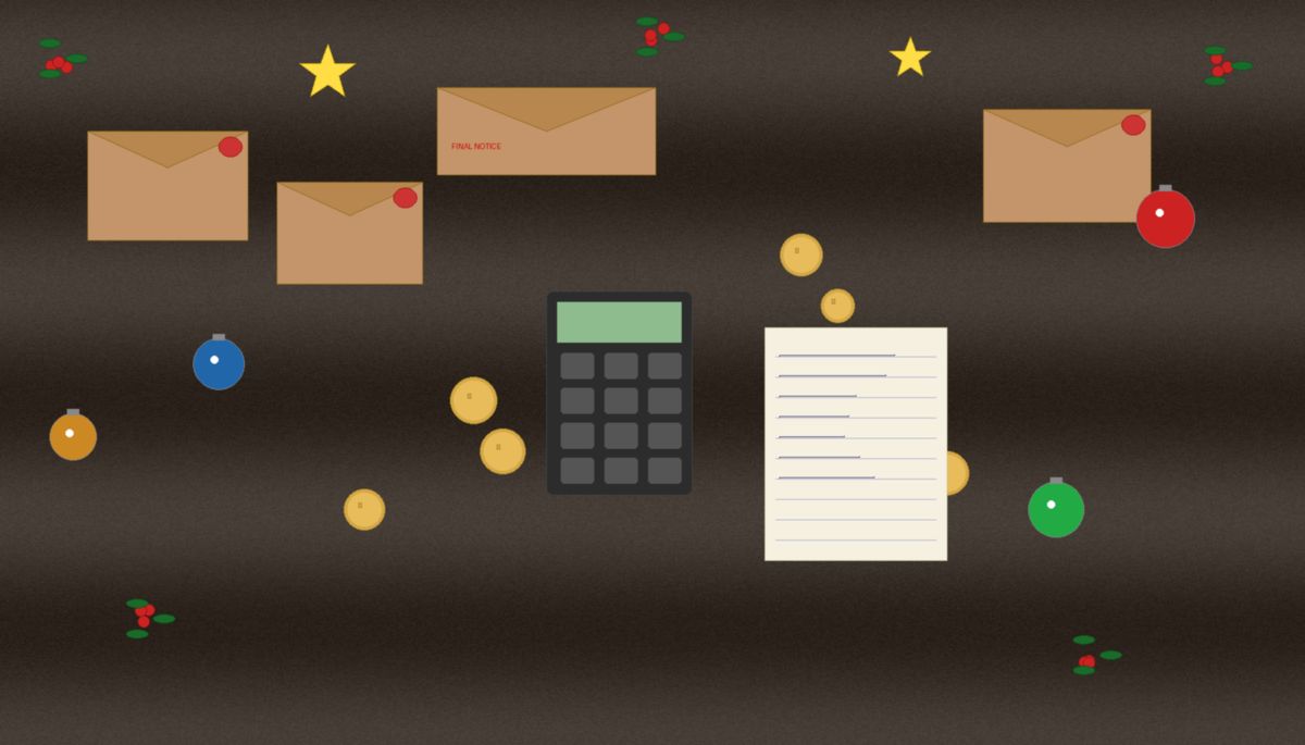 Debt myths at Christmas: bills, calculator and festive decorations on a desk