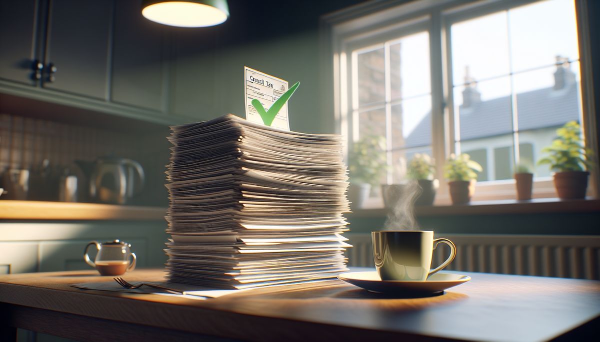 UK council tax bills and debt relief order paperwork on a kitchen table