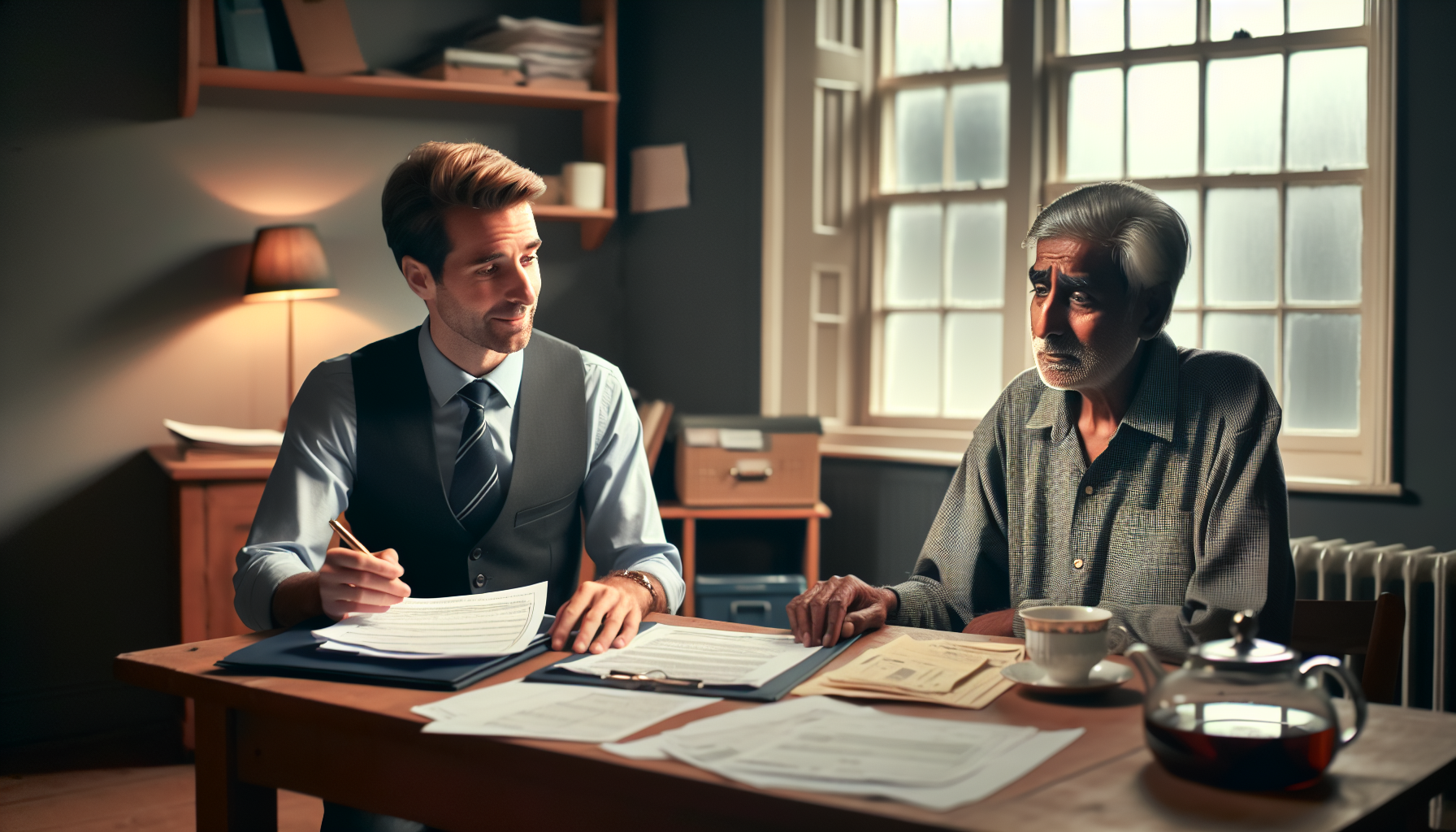 Adviser helping someone with council tax paperwork at a desk
