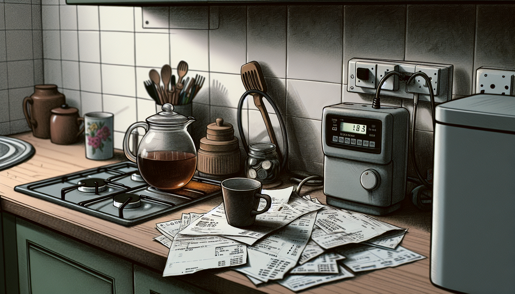 Electricity bill debt - unpaid utility bills on a kitchen worktop in a UK home