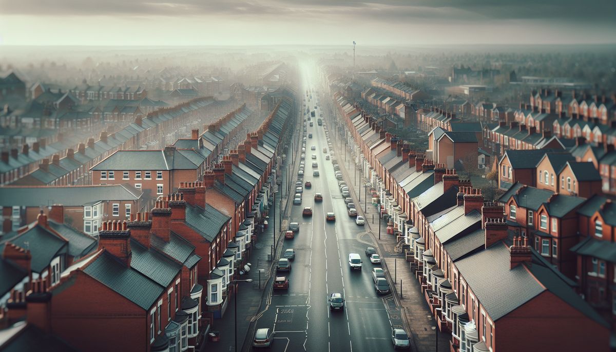Household debt UK - aerial view of English Midlands city high street