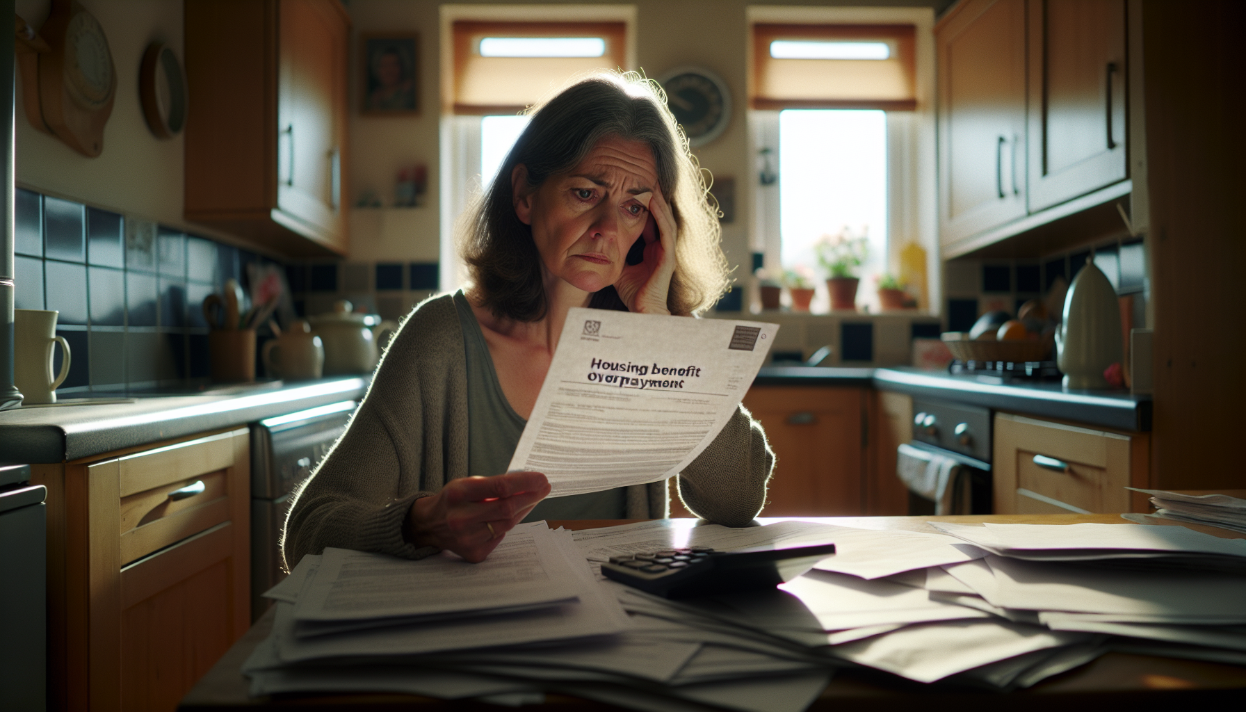 Woman reviewing a housing benefit overpayments notice at her kitchen table