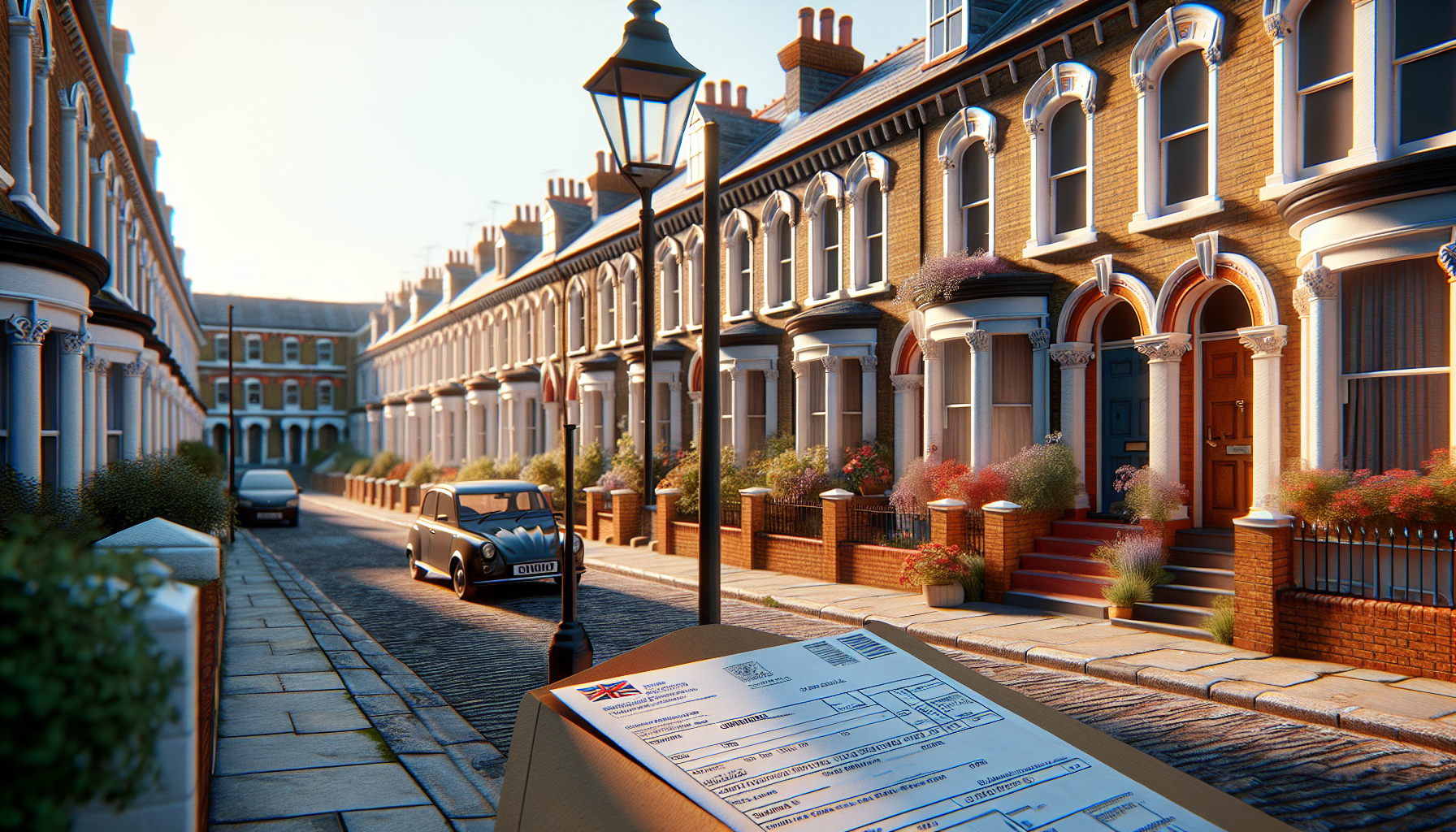 Victorian terraced houses on a residential street in Islington, North London, with a council tax bill on a doorstep