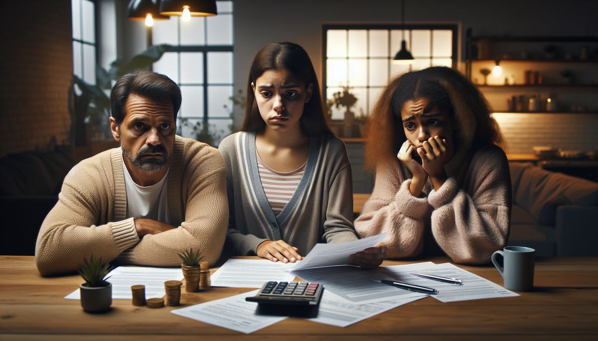 Family reviewing tax credit overpayment letters at kitchen table