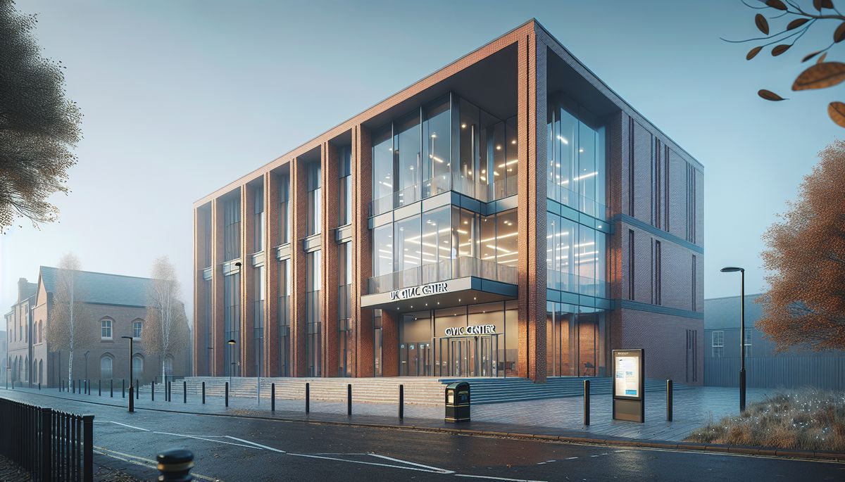 Reduce energy bills: a modern British civic centre building with energy-efficient lighting