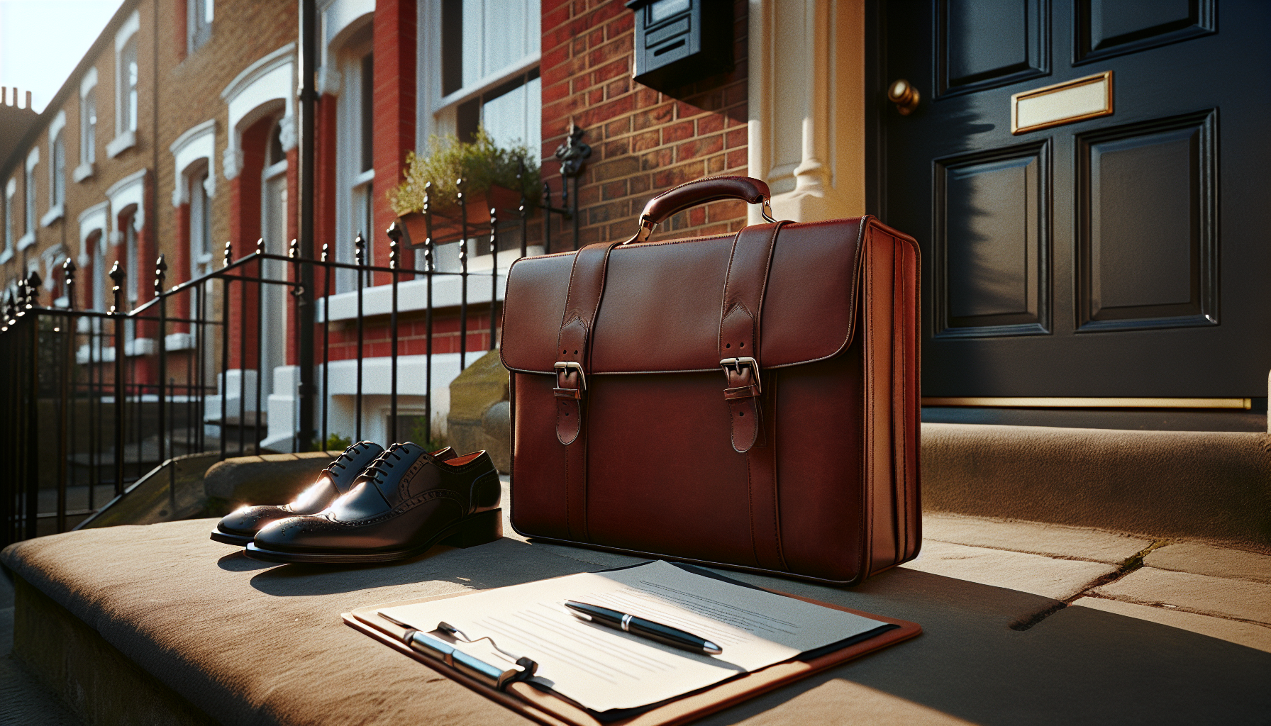 Rossendales bailiffs enforcement agent briefcase and clipboard on English terraced house doorstep