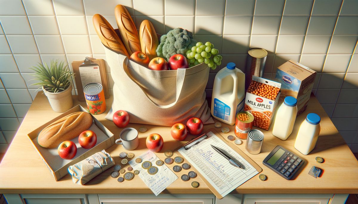 Save money on food shopping - groceries and receipt on kitchen worktop