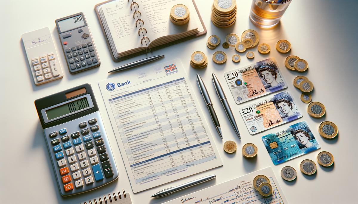 Flat-lay of UK financial documents including bank statement, credit card, savings passbook, calculator and British pound coins on a white desk