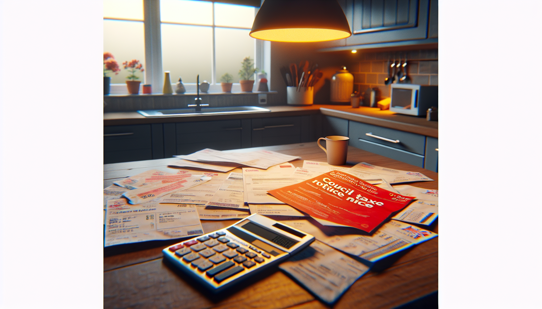 Council tax bills and final demand letters on a British kitchen table