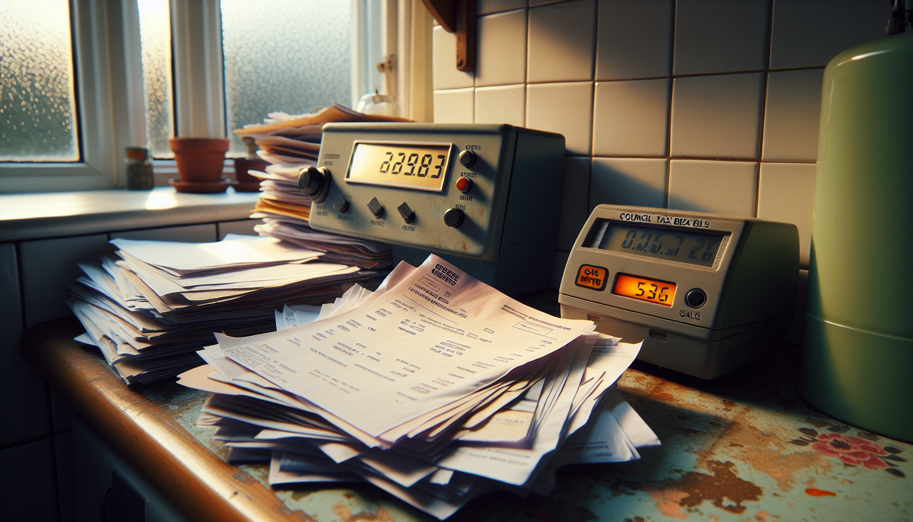 Utility bills and council tax letters on a kitchen counter showing how rising energy costs lead to council tax debt