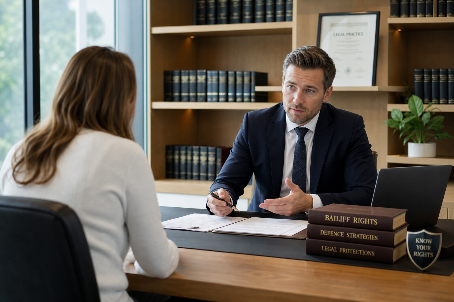 Bailiff rights and defence consultation scene