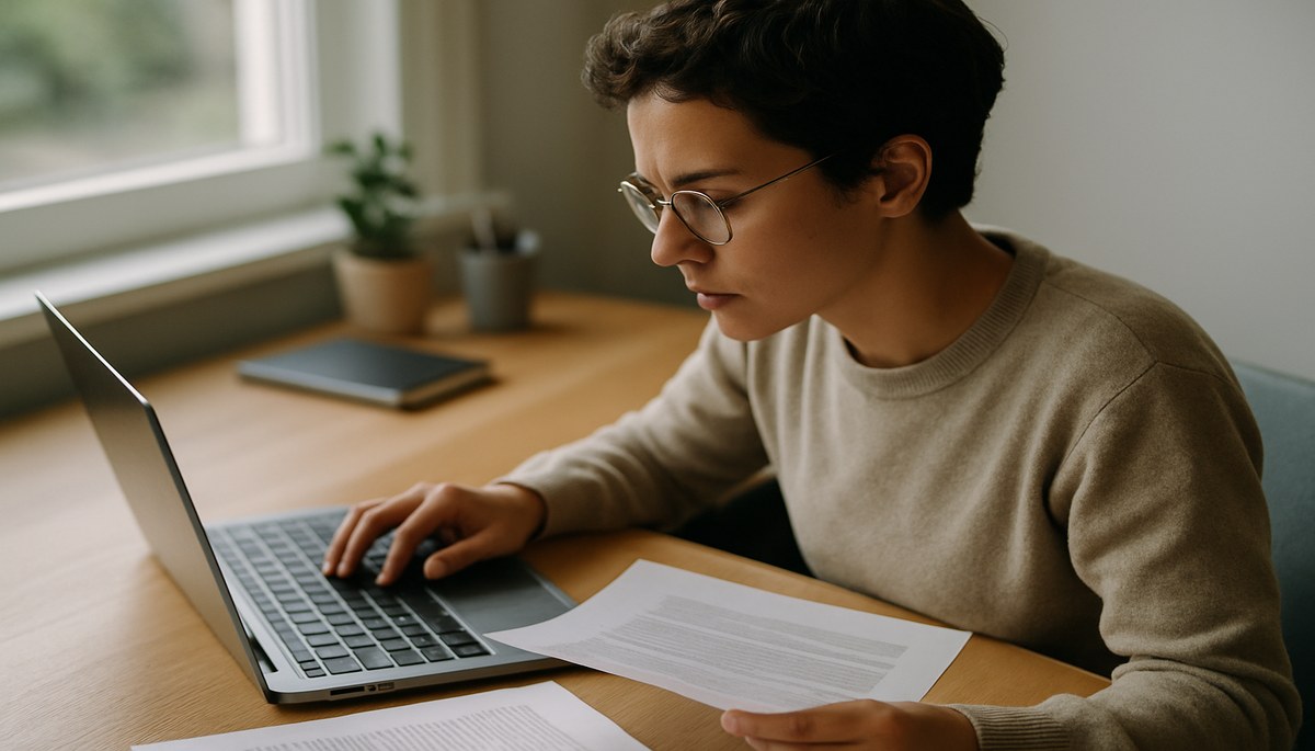 Person researching property records on a laptop next to a printed council tax document.