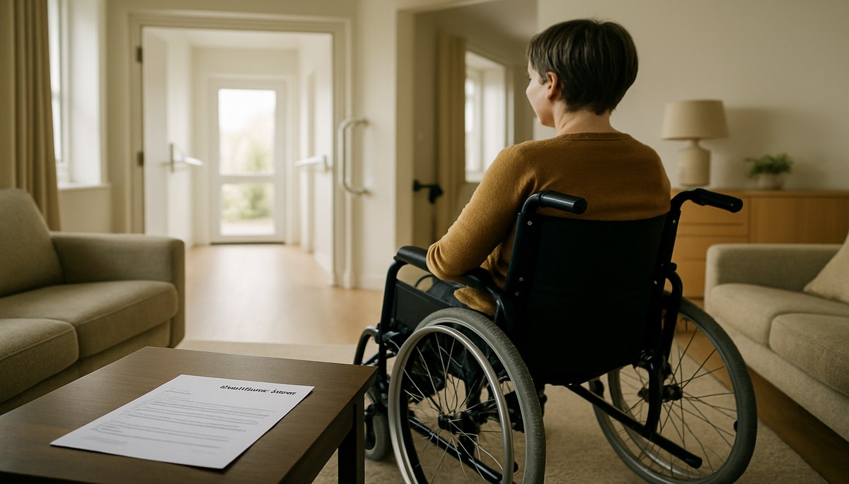 A wheelchair user at home in an adapted living space with wide doorways and grab rails, representing the council tax disability reduction scheme in the UK in 2026.