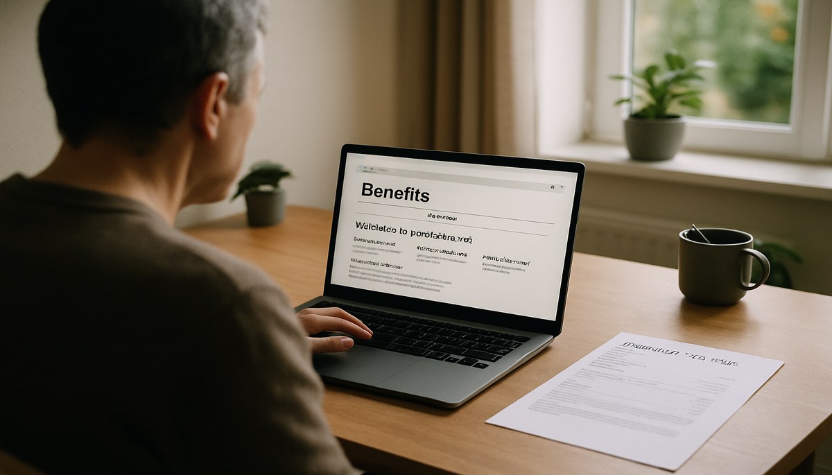Person at a laptop reviewing a Universal Credit account and a council tax bill side by side at a home desk in 2026.