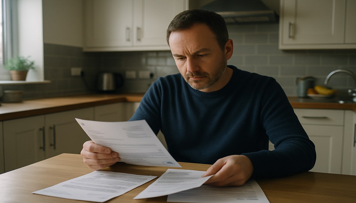 A homeowner at a kitchen table reviewing council tax band documents and official letters, representing the process of challenging a council tax band valuation in 2026.