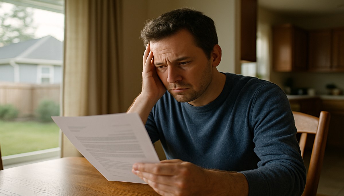 Worried homeowner reading a legal document at a dining table.