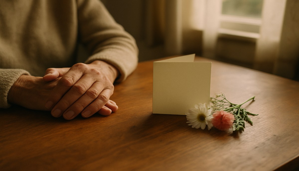 A hand placing flowers beside a sympathy card on a table, warm natural light.