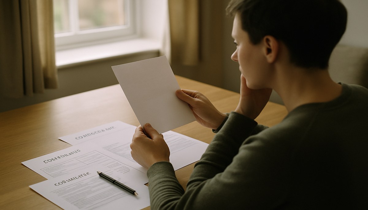 Person at desk with council tax paperwork and a pen, looking thoughtfully at a letter.