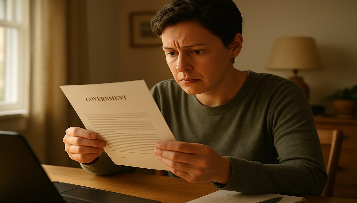 Person reviewing a DWP letter about benefit deductions at a home desk.