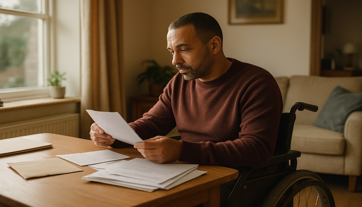 A person in a wheelchair at a desk reviewing a council tax bill with paperwork, representing the Disabled Band Reduction Scheme and council tax discounts for disabled people in 2026.