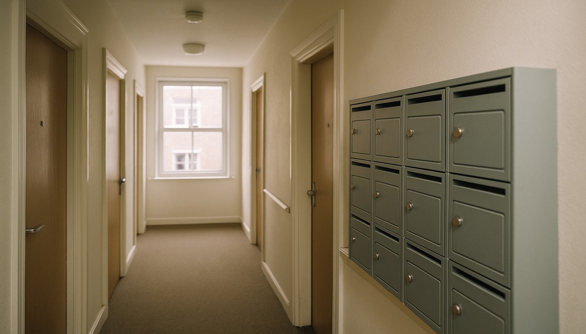 Shared house hallway with multiple letterboxes and doors, natural light, England.