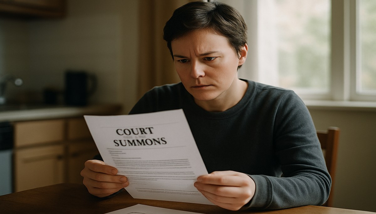 Person reviewing a council tax court summons letter at a kitchen table.