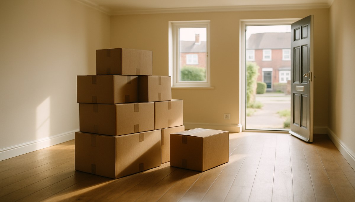 Removal boxes stacked in an empty UK living room with a front door open, representing the process of moving house and managing council tax obligations in 2026.