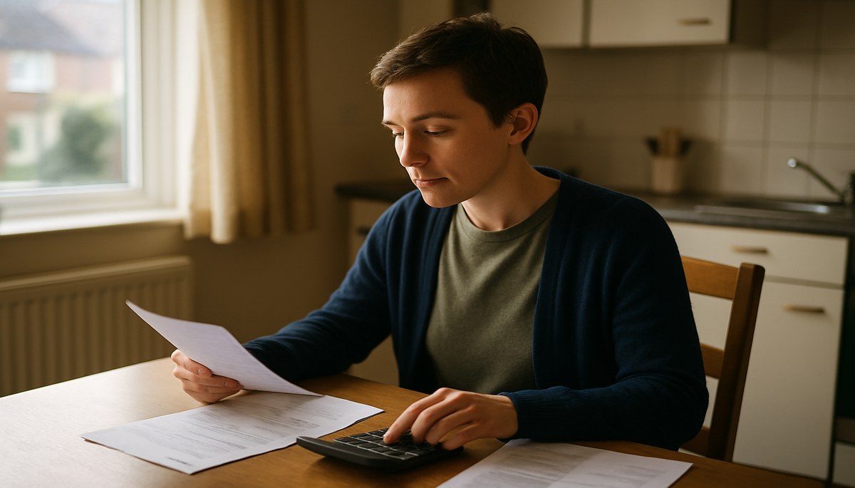 A person at a kitchen table reviewing a council tax bill with a calculator, representing council tax reduction eligibility and savings in 2026.