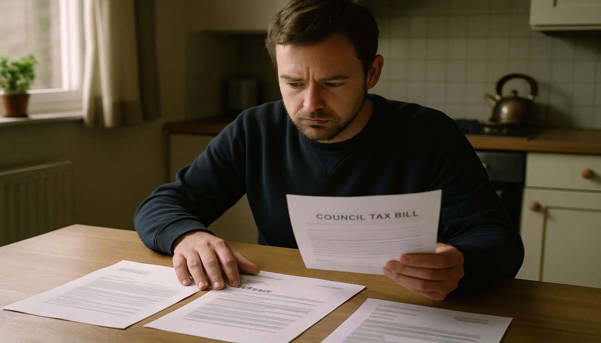 Person reviewing Universal Credit and council tax letters on a kitchen table, England.