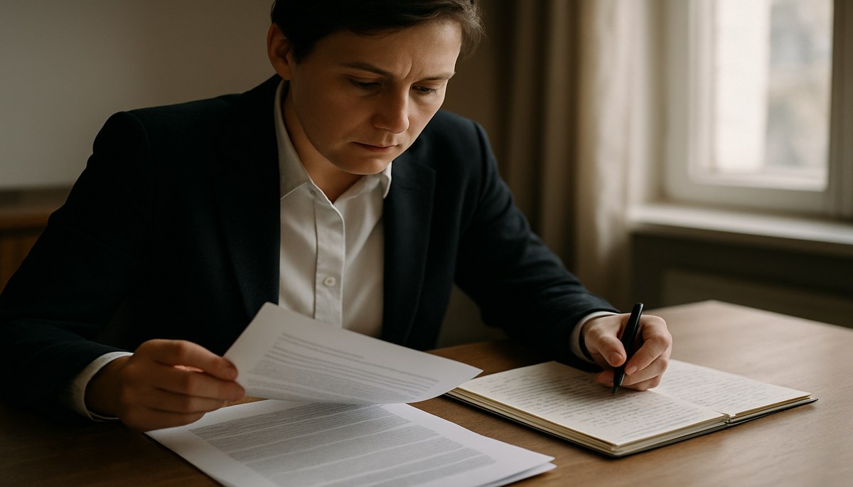 Person reviewing documents and notes in preparation for a formal tribunal hearing.
