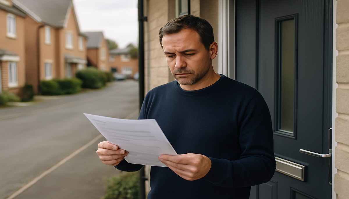 A concerned homeowner at their front door receiving paperwork from an enforcement agent, representing the process of council tax bailiff visits and knowing your rights in 2026.