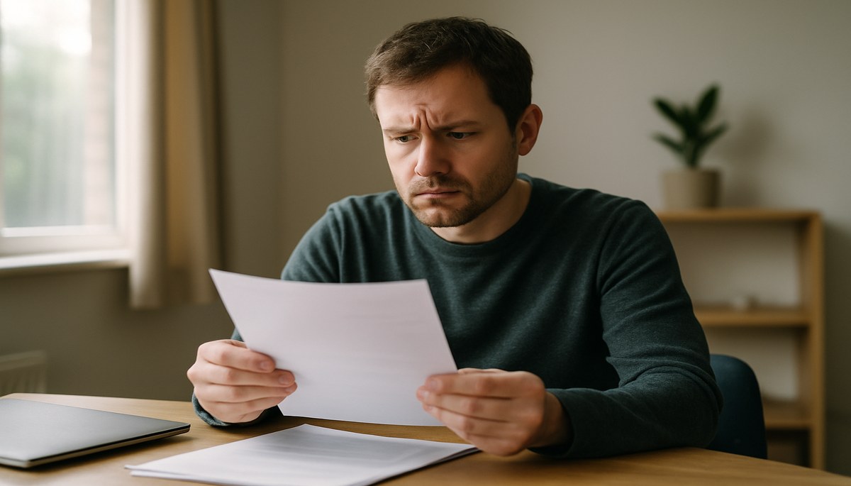 Single person reading a council tax bill at home, looking concerned.