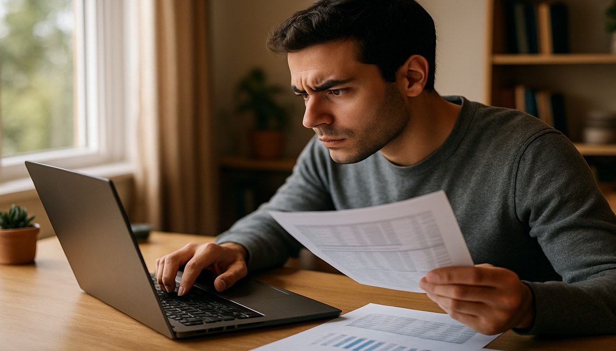 Person sitting at a desk comparing property details on a laptop with printed documents.