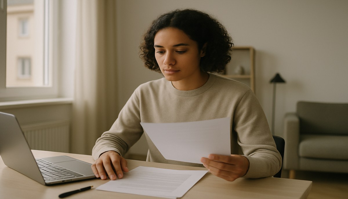 Young adult reviewing documents at a desk in a modern flat, natural light.
