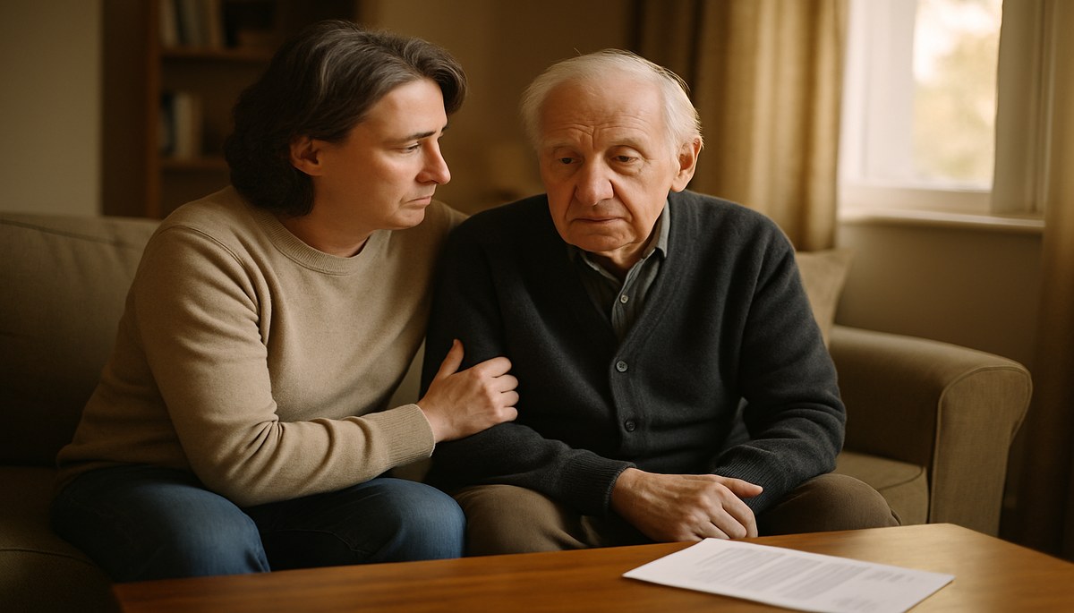 An unpaid carer helping an elderly person at home, with an official council tax letter visible on the table, representing the council tax carer disregard available to qualifying carers in the UK in 2026.